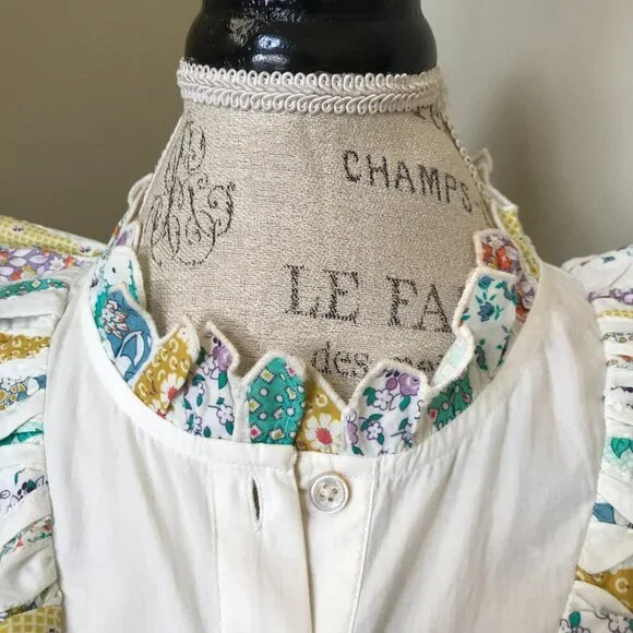 Sea NY Linden Patchwork Dress Womens XS Cream Blue Long Sleeve Ruffle Cotton - Picture 8 of 13